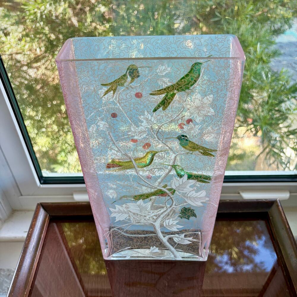 Fringe Studio Vintage Hummingbird Glass Vase Pink Blue Art Glass 12” - Picture 4 of 12